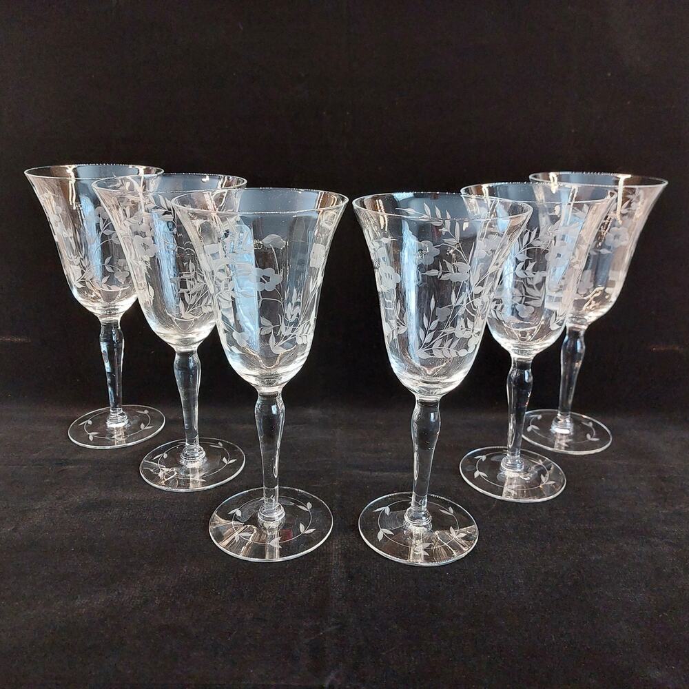 6 Vintage Etched Crystal Wine Glasses Mid Century Modern Floral Glass Stemware